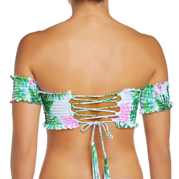 PILYQ Tropical Floral Smocked Off Shoulder Reversible Bikini Top NWT Cup Size D - Picture 4 of 16